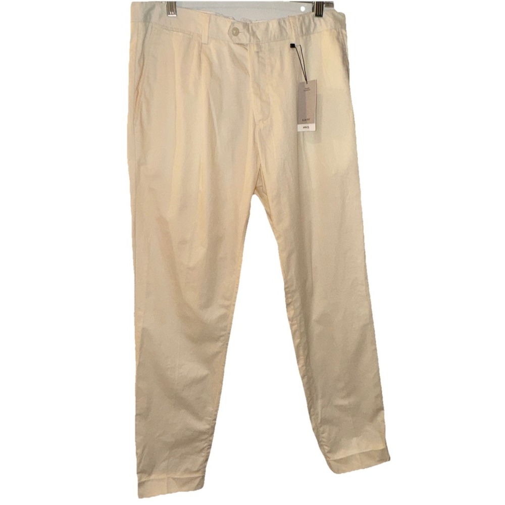 Mango MNG Slim Fit Pleated Front Trousers Ivory Classic Mens US 32 EU 42 W/ Tags